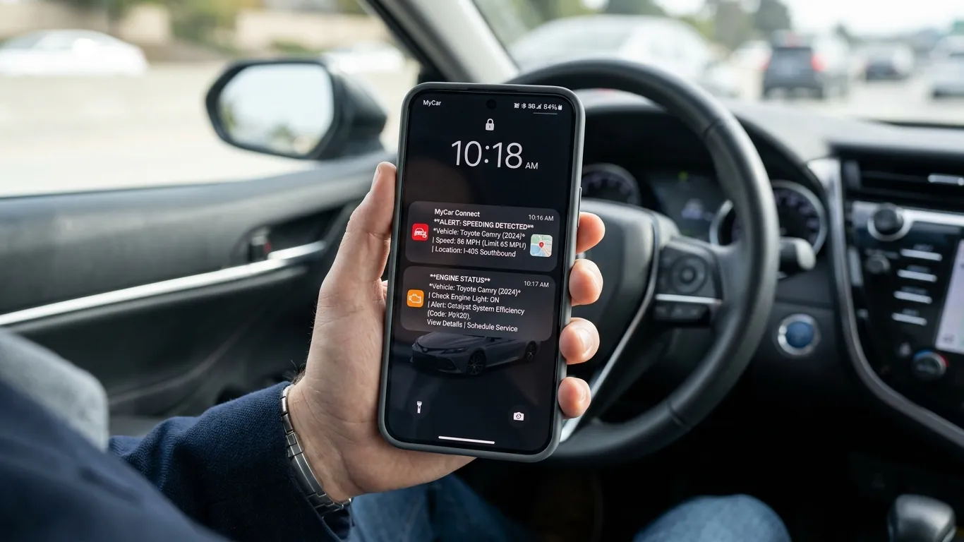 Celular recibiendo alertas de exceso de velocidad y estado del motor