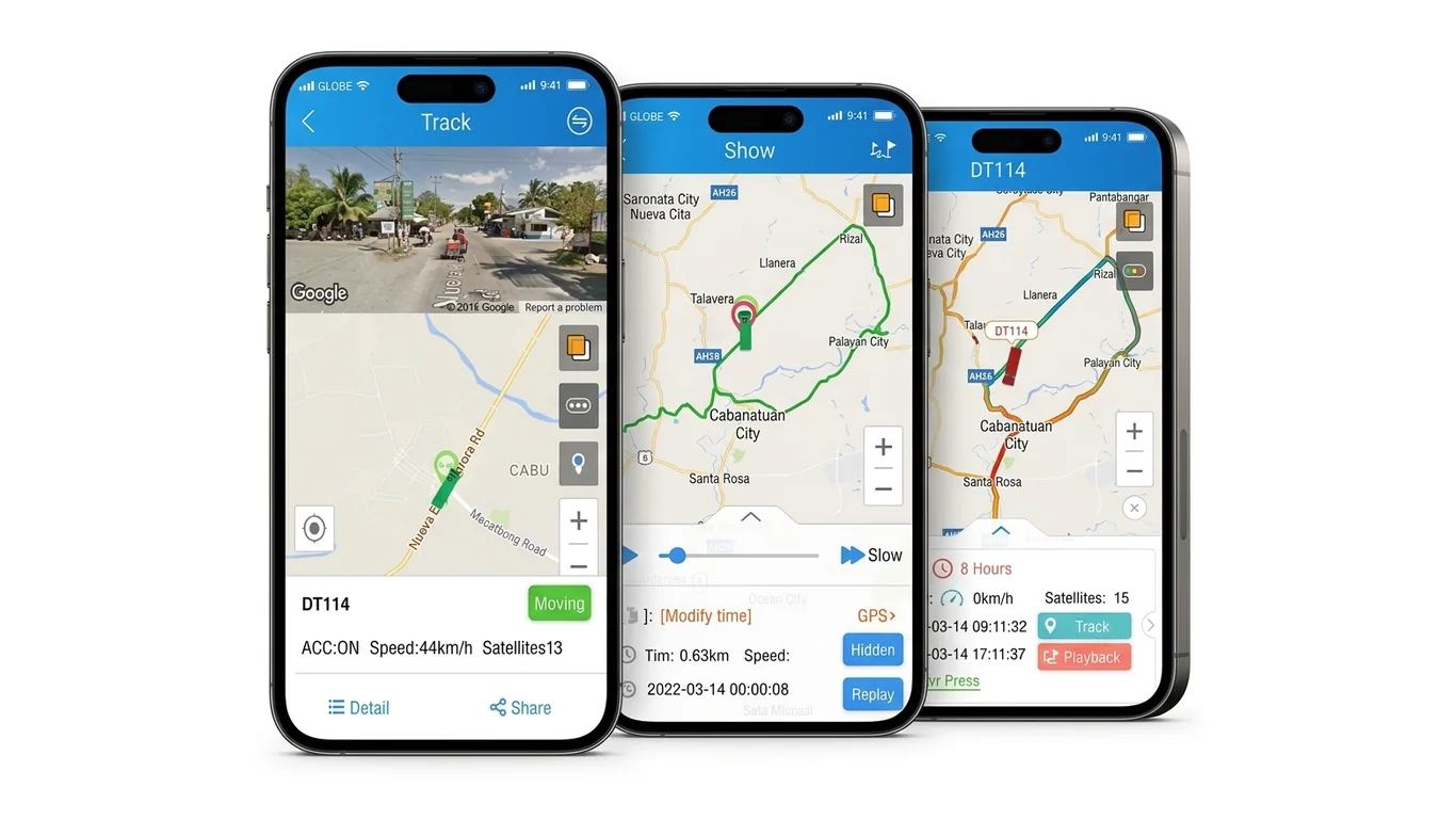 App móvil de Tracksolid Pro con seguimiento en vivo, reproducción de recorrido y detalle de la unidad