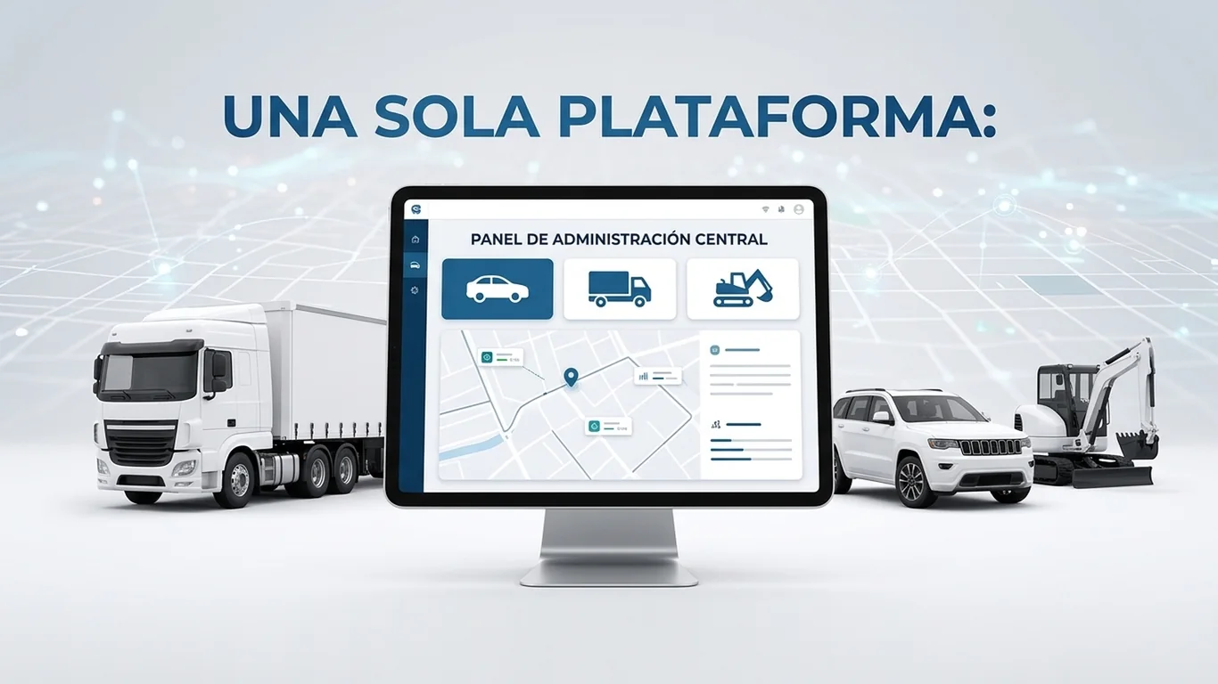 Panel central de Tracksolid Pro administrando un camión, una camioneta y una excavadora